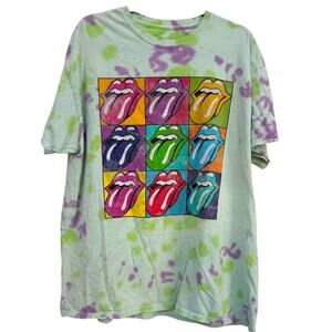 Rolling Stones Mick Jagger Mouth Tongue Green Tie Dye T Shirt Size L